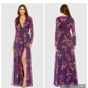 NWT Mac Duggal Floral Purple Multi Long Sleeve Maxi Gown 6